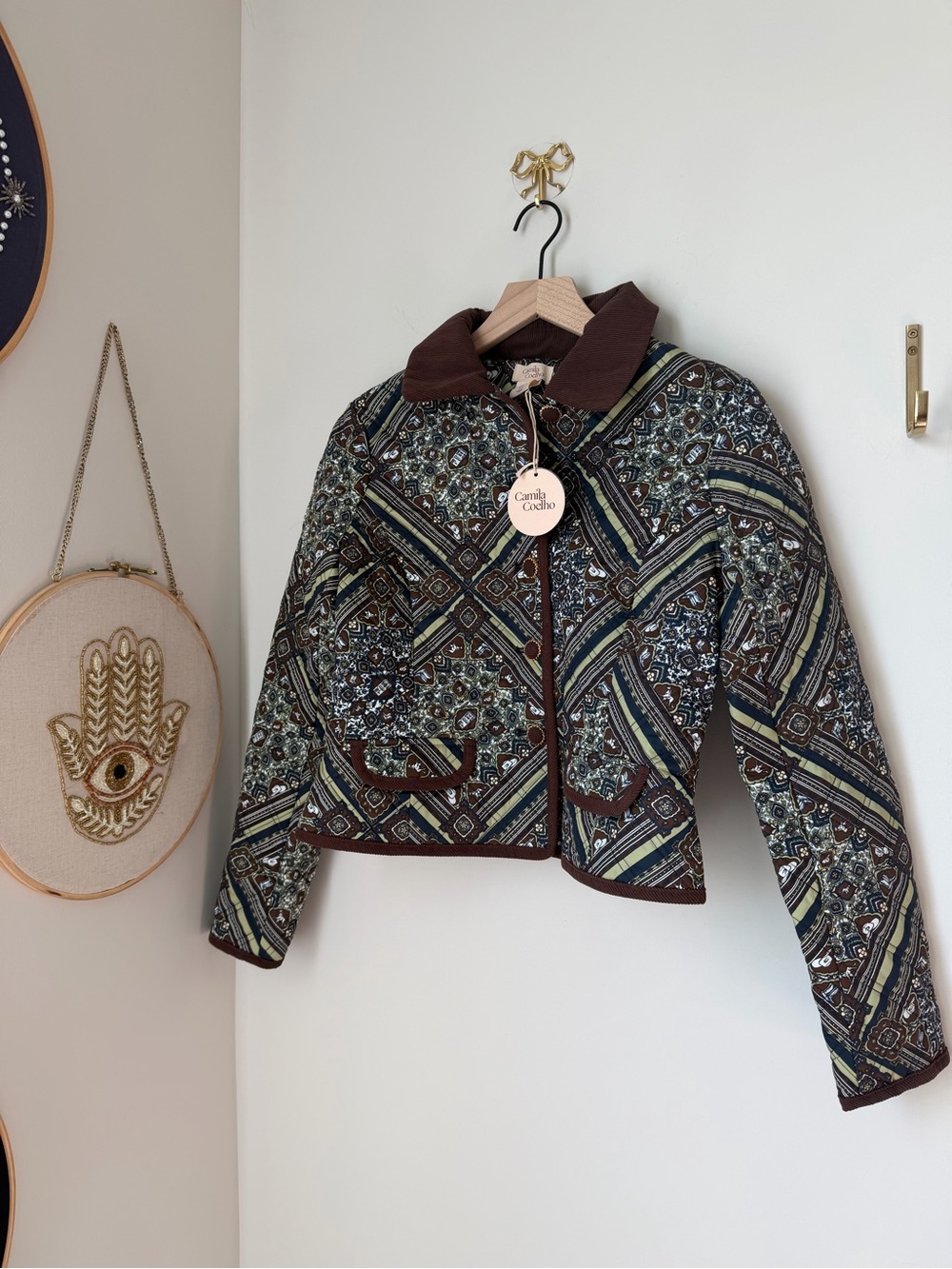 Camila Coelho Brown paisley western print Quilted cotton Courderoy trim Jacket